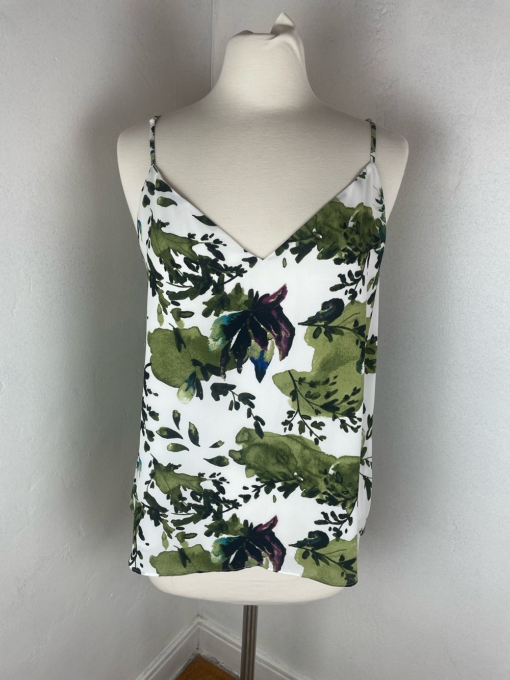 Babaton White Floral-Print Camisole with Olive Green Motif